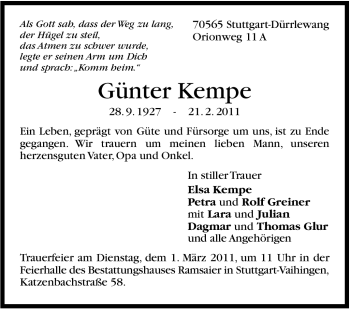 Traueranzeige von Günter Kempe von Stuttgarter Zeitung / Stuttgarter Nachrichten