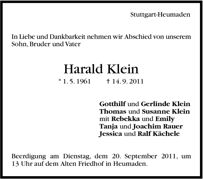  Traueranzeige für Harald Klein vom 17.09.2011 aus Stuttgarter Zeitung / Stuttgarter Nachrichten
