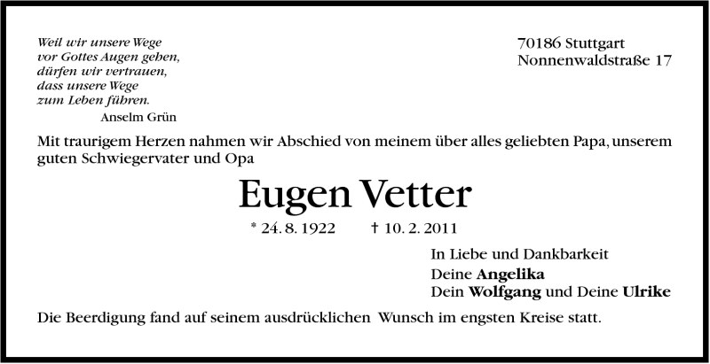  Traueranzeige für Eugen Vetter vom 16.02.2011 aus Stuttgarter Zeitung / Stuttgarter Nachrichten