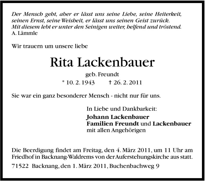  Traueranzeige für Rita Lackenbauer vom 01.03.2011 aus Stuttgarter Zeitung / Stuttgarter Nachrichten