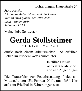 Traueranzeige von Gerda Stollsteimer von Stuttgarter Zeitung / Stuttgarter Nachrichten