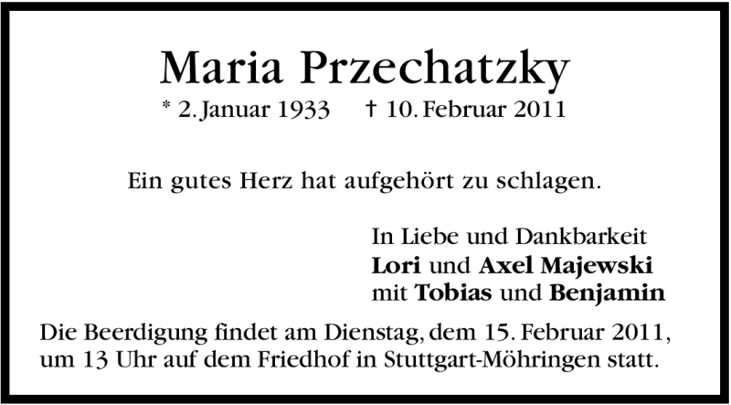  Traueranzeige für Maria Przechatzky vom 12.02.2011 aus Stuttgarter Zeitung / Stuttgarter Nachrichten