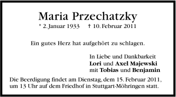Traueranzeige von Maria Przechatzky von Stuttgarter Zeitung / Stuttgarter Nachrichten