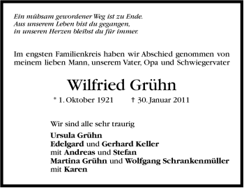 Traueranzeige von Wilfried Grühn von Stuttgarter Zeitung / Stuttgarter Nachrichten
