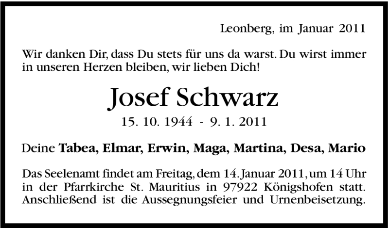  Traueranzeige für Josef Schwarz vom 12.01.2011 aus Leonberger Kreiszeitung / Strohgäu Extra
