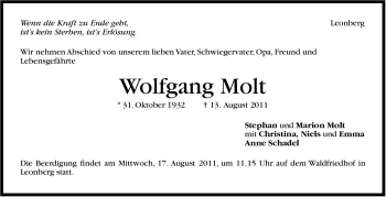 Traueranzeige von Wolfgang Molt von Leonberger Kreiszeitung / Strohgäu Extra