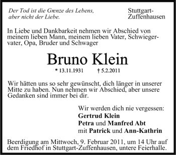 Traueranzeige von Bruno Klein von Stuttgarter Zeitung / Stuttgarter Nachrichten