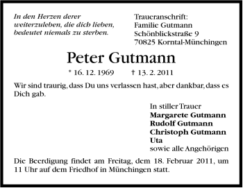 Traueranzeige von Peter Gutmann von Stuttgarter Zeitung / Stuttgarter Nachrichten
