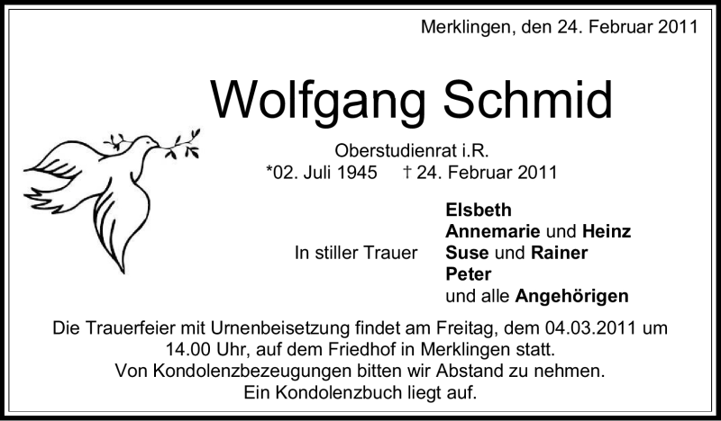  Traueranzeige für Wolfgang Schmid vom 28.02.2011 aus Stuttgarter Zeitung / Stuttgarter Nachrichten