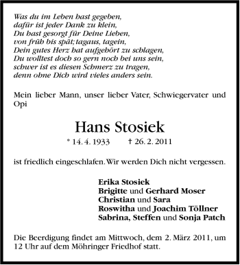 Traueranzeige von Hans Stosiek von Stuttgarter Zeitung / Stuttgarter Nachrichten