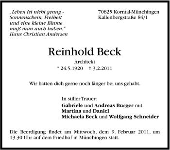 Traueranzeige von Reinhold Beck von Leonberger Kreiszeitung / Strohgäu Extra