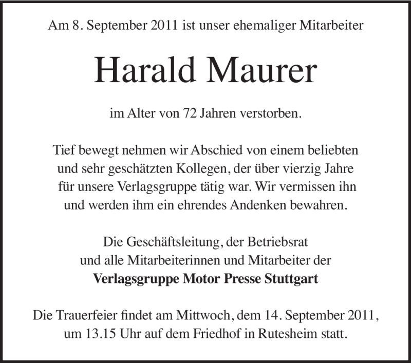  Traueranzeige für Harald Maurer vom 13.09.2011 aus Leonberger Kreiszeitung / Strohgäu Extra
