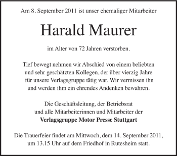 Traueranzeige von Harald Maurer von Leonberger Kreiszeitung / Strohgäu Extra