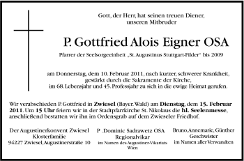 Traueranzeige von P. Gottfried Alois Eigner von Stuttgarter Zeitung / Stuttgarter Nachrichten