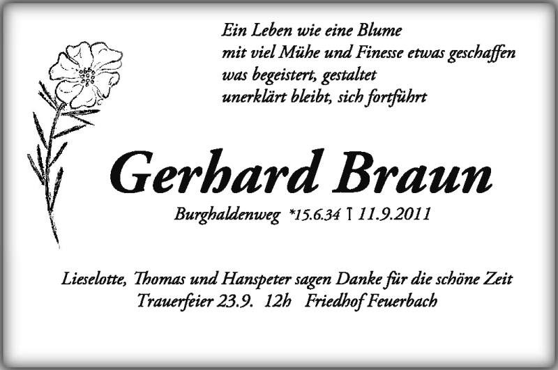 Traueranzeige für Gerhard Braun vom 17.09.2011 aus Stuttgarter Zeitung / Stuttgarter Nachrichten