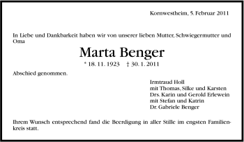 Traueranzeige von Marta Benger von Stuttgarter Zeitung / Stuttgarter Nachrichten