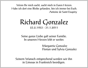 Traueranzeige von Richard Gonzalez von Stuttgarter Zeitung / Stuttgarter Nachrichten