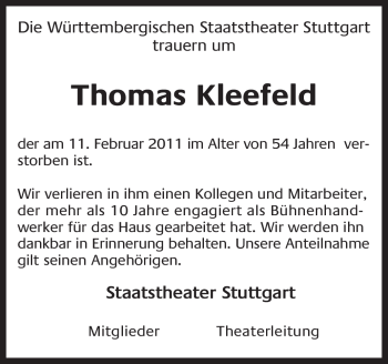 Traueranzeige von Thomas Kleefeld von Stuttgarter Zeitung / Stuttgarter Nachrichten