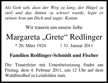 Traueranzeige von Margareta Redlinger von Stuttgarter Zeitung / Stuttgarter Nachrichten