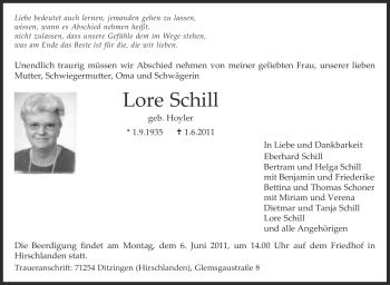 Traueranzeige von Lore Schill von Leonberger Kreiszeitung / Strohgäu Extra