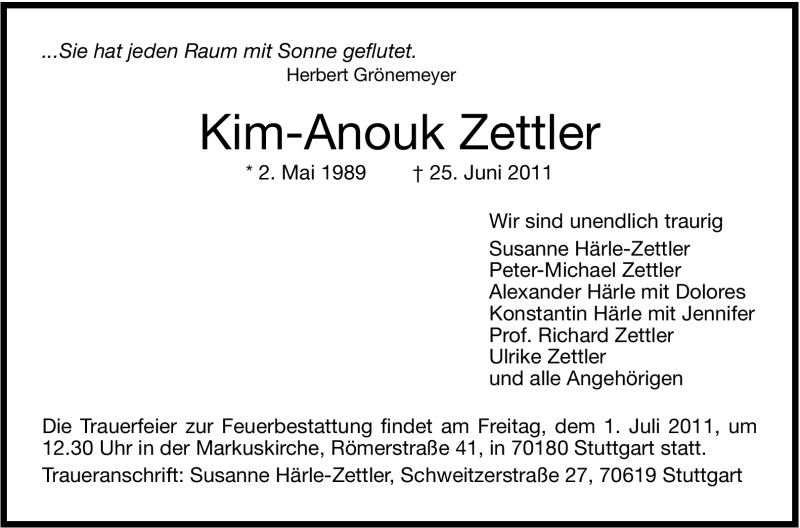  Traueranzeige für Kim-Anouk Zettler vom 29.06.2011 aus Stuttgarter Zeitung / Stuttgarter Nachrichten