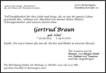 Traueranzeige von Gertrud Braun von Leonberger Kreiszeitung / Strohgäu Extra