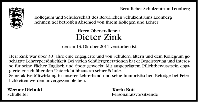  Traueranzeige für Dieter Zink vom 17.10.2011 aus Leonberger Kreiszeitung / Strohgäu Extra