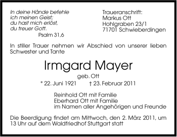 Traueranzeige von Irmgard Mayer von Stuttgarter Zeitung / Stuttgarter Nachrichten