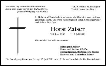 Traueranzeige von Horst Zaiser von Leonberger Kreiszeitung / Strohgäu Extra