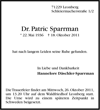 Traueranzeige von Patric Sparrman von Leonberger Kreiszeitung / Strohgäu Extra