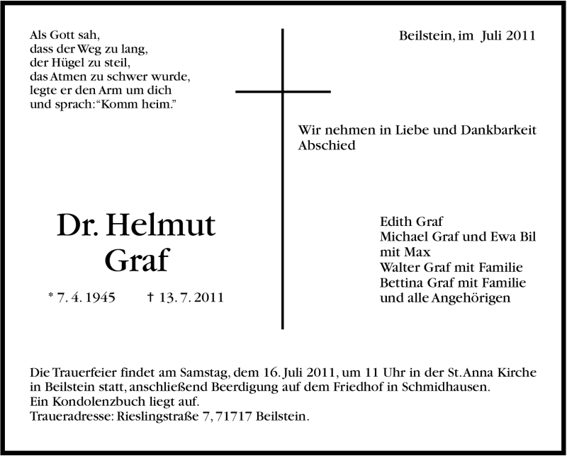  Traueranzeige für Helmut Graf vom 15.07.2011 aus Marbacher Zeitung