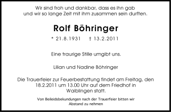 Traueranzeige von Rolf  Böhringer von Stuttgarter Zeitung / Stuttgarter Nachrichten