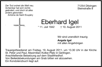 Traueranzeige von Eberhard Igel von Leonberger Kreiszeitung / Strohgäu Extra