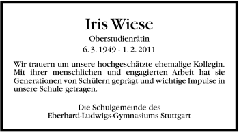 Traueranzeige von Iris Wiese von Stuttgarter Zeitung / Stuttgarter Nachrichten