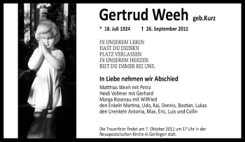 Traueranzeige von Gertrud Weeh von Leonberger Kreiszeitung / Strohgäu Extra