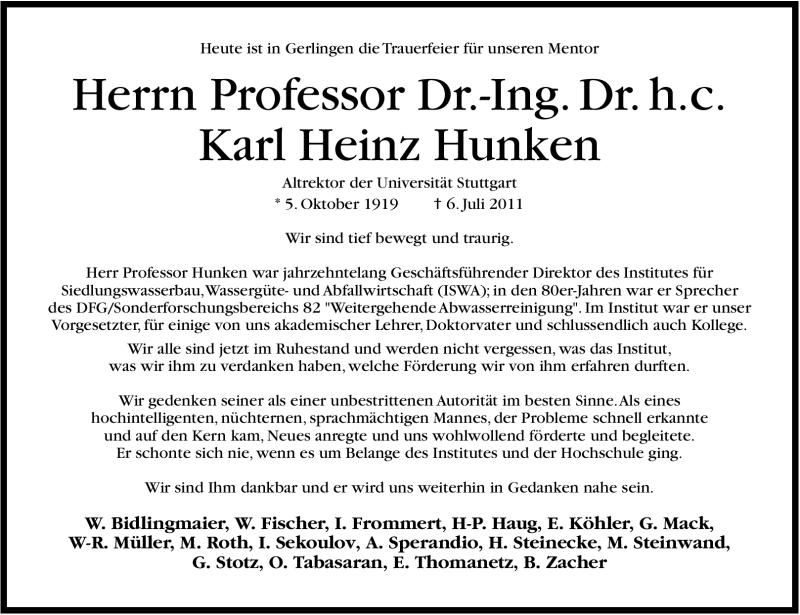  Traueranzeige für Karl Heinz Hunken vom 13.07.2011 aus Leonberger Kreiszeitung / Strohgäu Extra