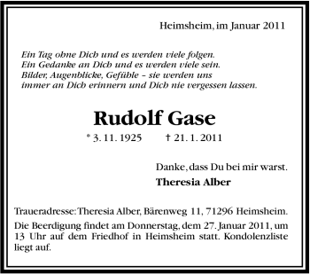 Traueranzeige von Rudolf Gase von Leonberger Kreiszeitung / Strohgäu Extra