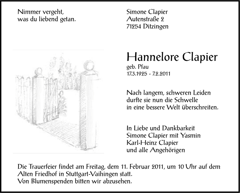  Traueranzeige für Hannelore Clapier vom 09.02.2011 aus Stuttgarter Zeitung / Stuttgarter Nachrichten