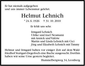 Traueranzeige von Helmut Lehnich von Leonberger Kreiszeitung / Strohgäu Extra
