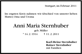 Traueranzeige von Anni Maria Sternhuber von Stuttgarter Zeitung / Stuttgarter Nachrichten