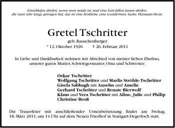 Traueranzeige von Gretel Tschritter von Stuttgarter Zeitung / Stuttgarter Nachrichten