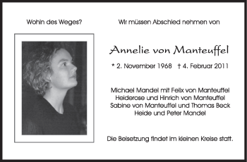 Traueranzeige von Annelie von Manteuffel von Stuttgarter Zeitung / Stuttgarter Nachrichten