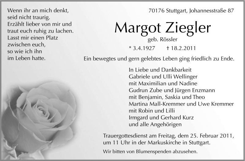  Traueranzeige für Margot Ziegler vom 22.02.2011 aus Stuttgarter Zeitung / Stuttgarter Nachrichten