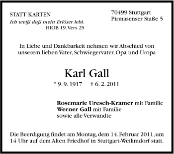 Traueranzeige von Karl Gall von Stuttgarter Zeitung / Stuttgarter Nachrichten