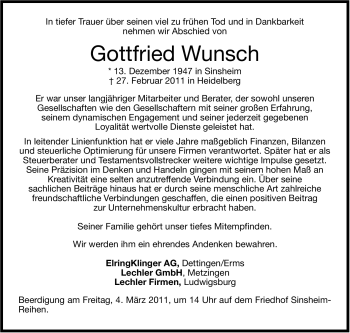 Traueranzeige von Gottfried Wunsch von Stuttgarter Zeitung / Stuttgarter Nachrichten