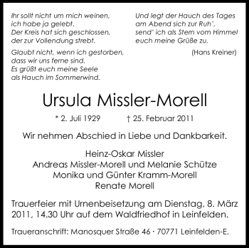 Traueranzeige von Ursula Missler-Morell von Stuttgarter Zeitung / Stuttgarter Nachrichten