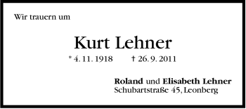 Traueranzeige von Kurt Lehner von Leonberger Kreiszeitung / Strohgäu Extra