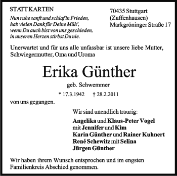 Traueranzeige von Erika Günther Günther von Stuttgarter Zeitung / Stuttgarter Nachrichten