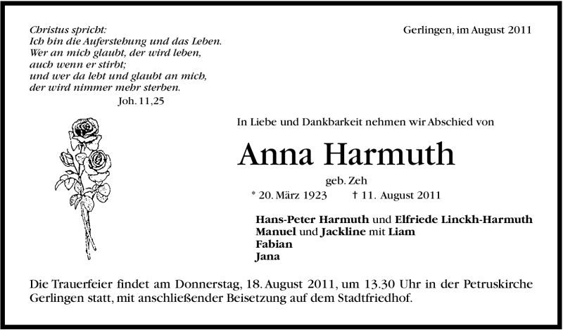  Traueranzeige für Anna Harmuth vom 16.08.2011 aus Leonberger Kreiszeitung / Strohgäu Extra