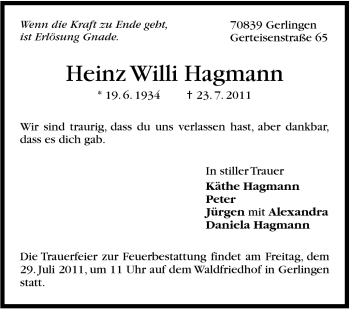 Traueranzeige von Heinz Willi  Hagmann von Leonberger Kreiszeitung / Strohgäu Extra